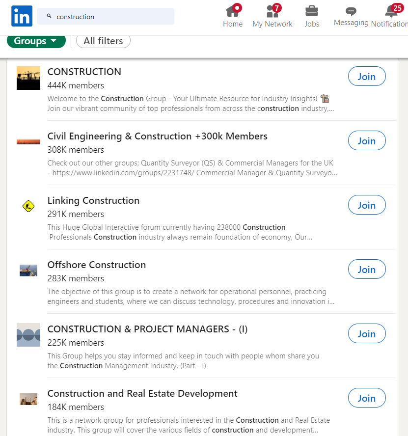 Join Construction Groups and connect with industry professionals